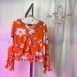 Orange  white floral top long bell sleeve with drawstring tie in front